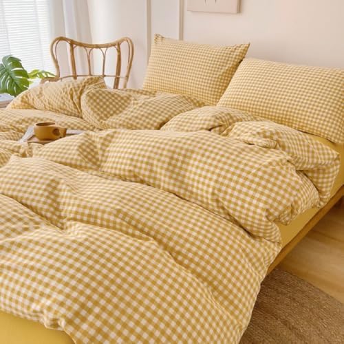 LifeTB Queen Comforter Set Modern Style Yellow Gingham Comforter Geometric Plaid Printed Bedding Comforter with 2 Pillow Shams Fluffy Lightweight Gingham Bedding Grid Checkered Comforter Set