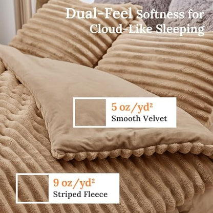 Sasttie Fluffy Full Comforter Set, 3 PC Soft Fleece Bedding, Light Brown