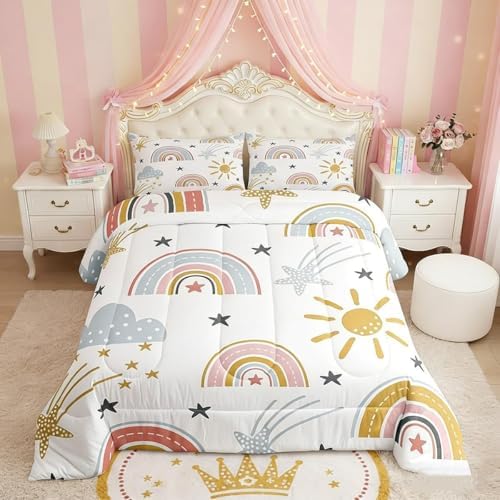 Erosebridal Girls Rainbow Bedding Set, Sun and Stars Comforter Set Queen for Kids Boys Children Cartoon Cloud Bedding Comforters Girly Soft Microfiber Machine Washable Duvet Insert for Bedroom Decor