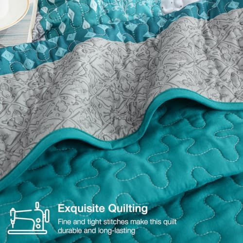 WONGS BEDDING Teal Blue King Size Quilt Set, Boho Striped Bedspread