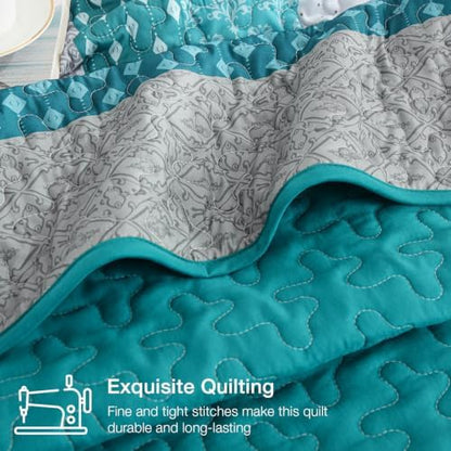 WONGS BEDDING Teal Blue King Size Quilt Set, Boho Striped Bedspread