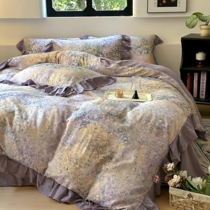 VM VOUGEMARKET Romantic Ruffle Duvet Cover Set Queen,Purple Flower