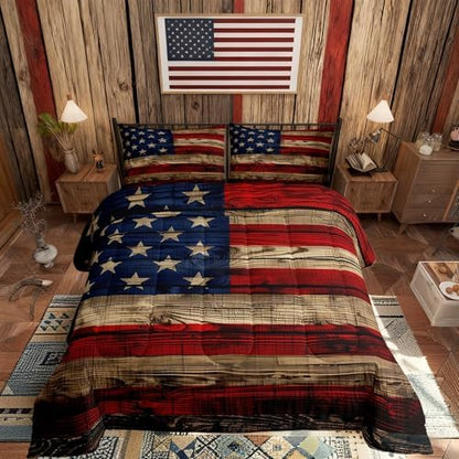 Castle Fairy American Flag Quilt Set Full Size, Brown Wooden Board Country Retro Farmhouse Natural Style Comforter Set for Girls Teens Bedroom Present, Microfiber Bedding Set with 2 Pillowcases