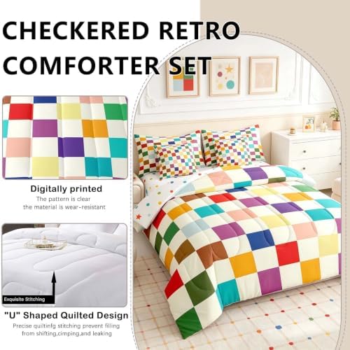 Feelyou Colorful Checkered Retro 7 Piece Bedding Set Kids Boys Girls Modern Geometric Cute Comforter Set with Sheets King Size Beige Colorful Bed in a Bag Vintage Simple Groovy Aesthetic Room Decor