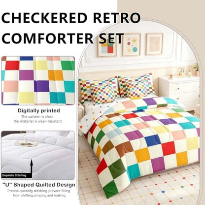 Feelyou Colorful Checkered Retro 7 Piece Bedding Set Kids Boys Girls Modern Geometric Cute Comforter Set with Sheets Full Size Beige Colorful Bed in a Bag Vintage Simple Groovy Aesthetic Room Decor