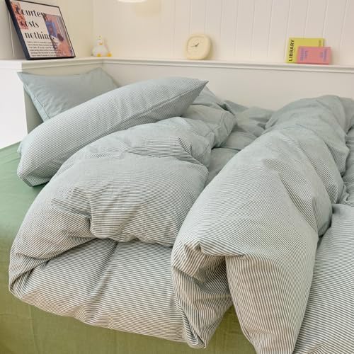 mixinni Green Striped Duvet Cover Twin XL Size - 100% Washed Cotton Pinstripe Comforter Cover with Zipper Closure, Lightweight & Breathable, 3 Pieces Minimalist Stripes Pattern Printed Bedding Set