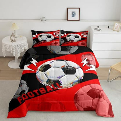 Erosebridal Football Twin Bedding Sets for Boys Girls Kids Football Comforter Set Bedroom Decor,Soccer Sports Comforter Sets for Boys Teen Ball Games Bed Quilt Set 2Pcs,Red Black