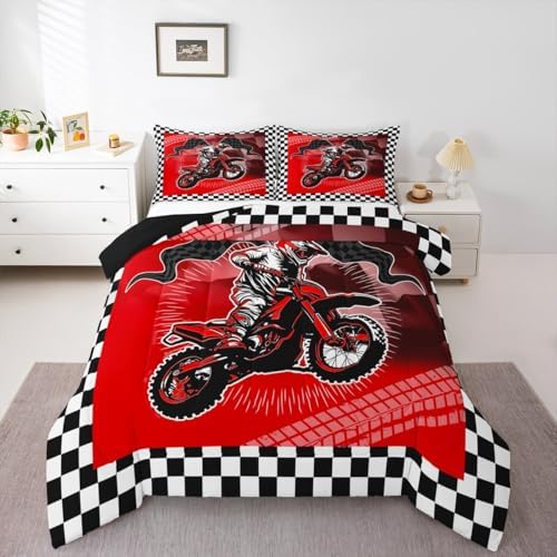 Feelyou Dirt Bike Comforter Set for Kids Boys Girls,Queen Size,Extreme Sports Bedding Set,Motorcycle Racer Duvet Quilt,Cool Motocross Comforter,Motorcycle Bedroom Decor