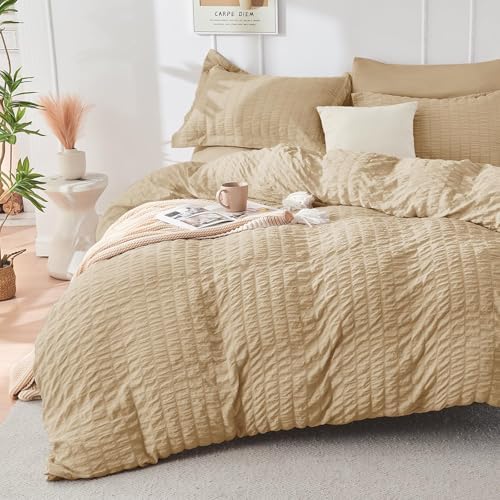 HYMOKEGE Khaki Queen Comforter Set Seersucker 7 Pieces, All Season Luxury Bed in a Bag Queen for Bedroom, Bedding Set with Comforter, Sheets, Pillowcases & Shams