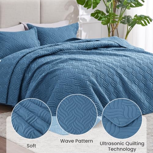 Love's cabin King Size Quilt Set, Soft Bedspread Comforter, Misty Blue