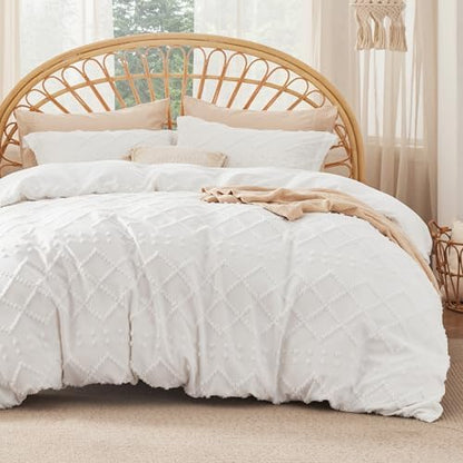 Bedsure Boho Duvet Cover King, Vintage Tufted Bedding, 4-Piece, White