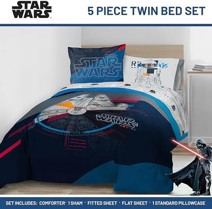 Star Wars Twin Comforter Set 5 Piece Soft Bedding for Boys, Dark Blue