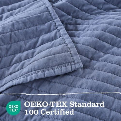 DOWN HOME Queen Quilt Bedding Set with Shams, Vintage Washed Soft Quilted Blanket Thin Comforter Lightweight Bedspread Coverlet Bed Cover, Brushed Microfiber Stripe Stitching, Vintage Denim, 86"x90"