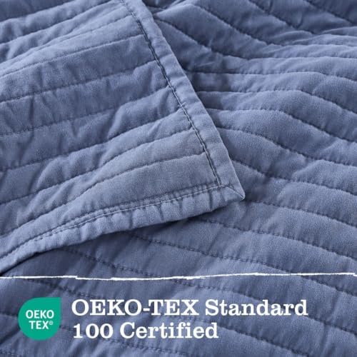 DOWN HOME Twin Quilt Bedding Set with Sham, Vintage Washed Soft Quilted Blanket Thin Comforter Lightweight Bedspread Coverlet Bed Cover, Brushed Microfiber Stripe Stitching, Vintage Denim, 66"x92"
