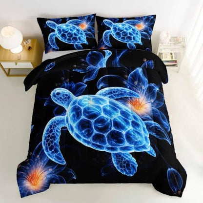 HOSIMA Sea Turtle Comforter Full with Floral Printed with 2 Pillowcases.