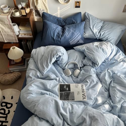 mixinni 100% Washed Cotton Duvet Cover Set King Size, Solid Light Blue Ocean Themed Chic Bedding, Soft Breathable Minimalist Comforter Cover with Zipper Closure & Corner Ties-King Size