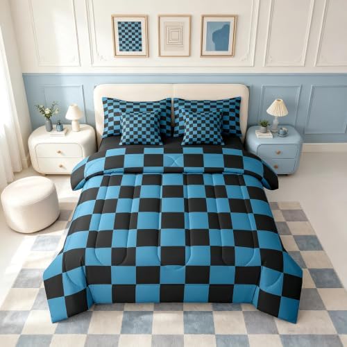 Feelyou Checkered 7 Piece Bedding Set Teen Blue Black Plaid Comforter Set with Sheets Queen Size Kids Boys Cute Retro Neutral Checkerboard Geometric Bed in a Bag Vintage Aesthetic Room Decor