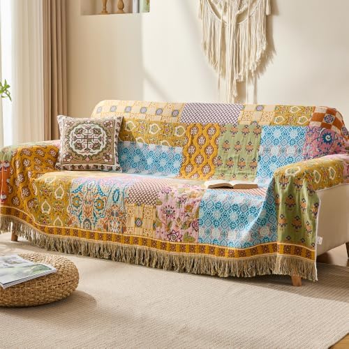 VANJOROY Boho Throw Blanket, 100% Organic Cotton Breathable Skin-Friendly Ultra Soft 50" x 60" Bed Quilt Patchwork Throw - Floral Luxury Reversible Blanket for Sofa Couch Chair and Gift,