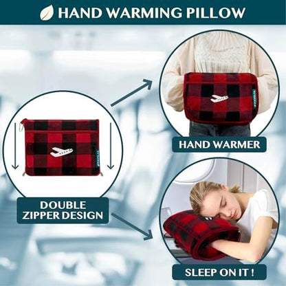 PAVILIA Travel Blanket and Pillow, Soft Ribbed Fleece Airplane, Plaid Red