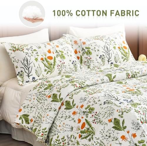 Lady Ann Oversized King Bedspreads 128x120,100% Cotton Floral Quilt Coverlet California King Size Extra Large Yellow Flowers & Leaves Pattern Plant Botanical Printed Lightweight Bedding Set, 3Pcs