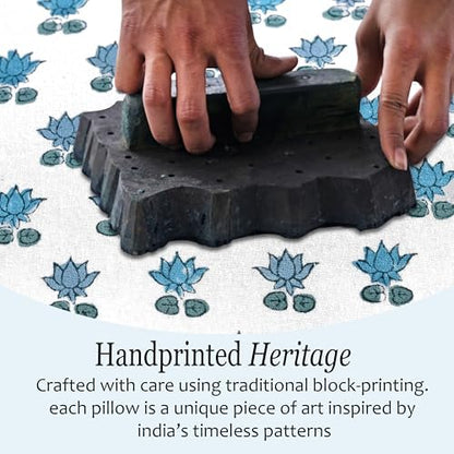 CPC Block Print Arctic Blue Ruffle Cotton Lumbar Pillow Cover 12x20 inch