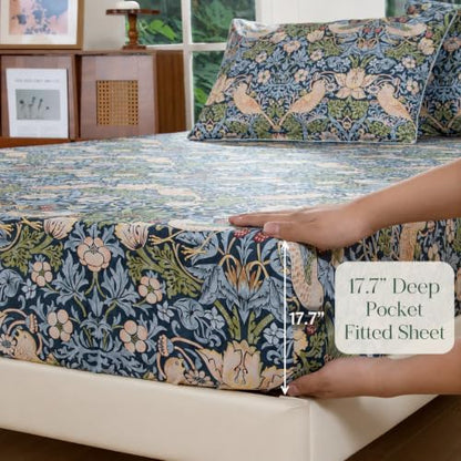 FADFAY Twin 100% Egyptian Cotton Sheets Set 4 Piece, Vintage Botanical Floral Bird Print, Luxury Soft Breathable Cooling Deep Pocket Bed Sheets, Hotel Quality Bedding for Hot Sleepers All Season