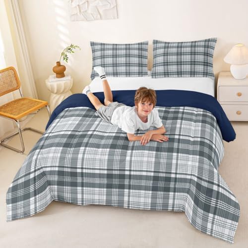 Manfei Blue Grey Plaid Comforter Set Twin Size,Geometric Line Grid Bedding Set 2pcs,Classic Homestead-Style Down Comforter for All Season,Kids Boys Girls Room Decor,1 Pillowcase,No Sheets