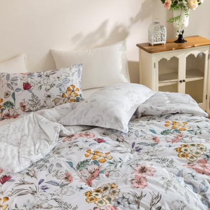 SLEEPBELLA Comforter Queen Size, 600 Thread Count Cotton Pink & Yellow & Blue Floral Pattern Comforter Set,Down Alternative Bedding Set 3Pcs(Queen, Spring Whispers)
