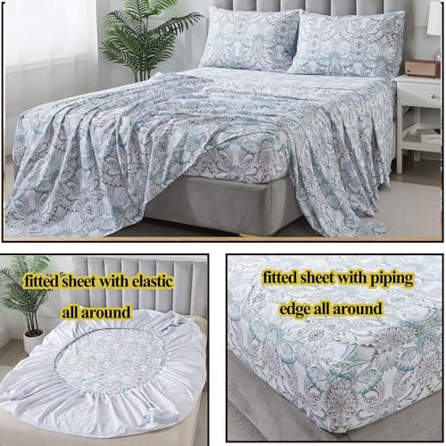 FADFAY Blue Paisley Sheets Set Cal King Boho Paisley Bedding Bohemian Damask Paisley Bed Sheet Breathable 100% Egyptian Cotton 800 Thread Count Deep Pocket Fitted Sheet 4Pcs, California King Size