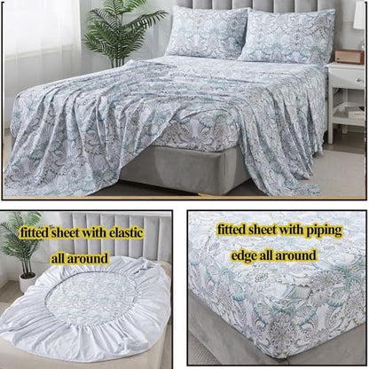 FADFAY Blue Paisley Sheets Set Cal King Boho Paisley Bedding Bohemian Damask Paisley Bed Sheet Breathable 100% Egyptian Cotton 800 Thread Count Deep Pocket Fitted Sheet 4Pcs, California King Size