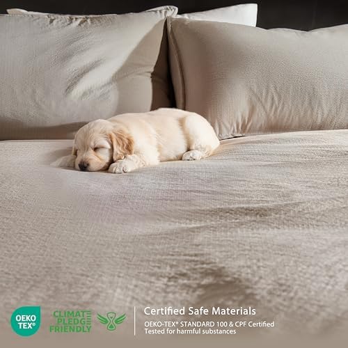 WDCOZY Dark Beige Full Size Jacquard Duvet Cover Set with Zipper Closure, Modern Washed Soft Striped Bedding, Textured Seersucker Like Cotton Linen, 1 Duvet Cover and 2 Pillow Shams, No Comforter