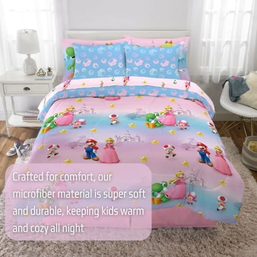 Super Mario Girl Princess Peach Girl Gamer Kids Bedding Super Soft & Cozy Reversible Microfiber Comforter and Sheet Set with Sham, 7 Piece Full Size, (Officially Licensed Product) By Franco