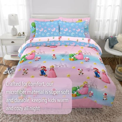 Super Mario Girl Princess Peach Girl Gamer Kids Bedding Super Soft & Cozy Reversible Microfiber Comforter and Sheet Set with Sham, 7 Piece Full Size, (Officially Licensed Product) By Franco