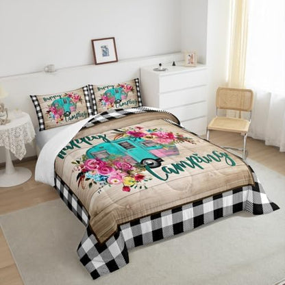 Manfei RV Happy Travelling Comforter Set Full,Camper Adventure Car Bedding Set 3pcs for Kids Teens Adults Trailer Decor,Wooden Plaid Vintage Quilt Set,Farmhouse Duvet Insert with 2 Pillowcases