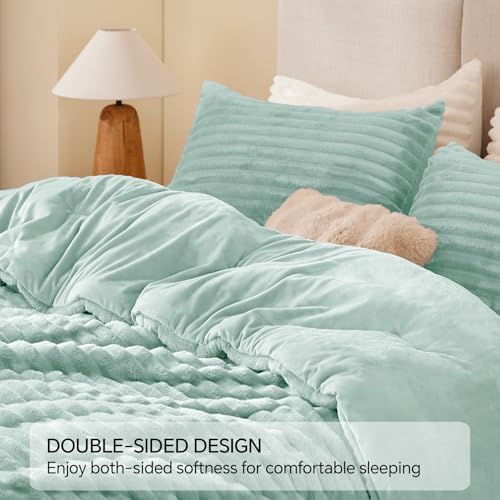 BEDELITE Fleece Queen Comforter Set, Fluffy Bed Set, Light Green