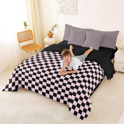 jejeloiu Pink Black Plaid Comforter Set with Sheets 7 Piece King Size Checkered Classic Bedding Set for Kids Boys Girls Grid Geometric Bed in a Bag Room Decor Soft Lightweight Microfiber