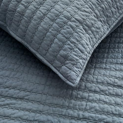 WDCOZY 100% Cotton Twin Size Quilt Set, Channel Pick Stitch, Dusty Blue