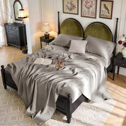 SONORO KATE 100% French Linen Queen Size Sheets Set,Natural Flax Bedding