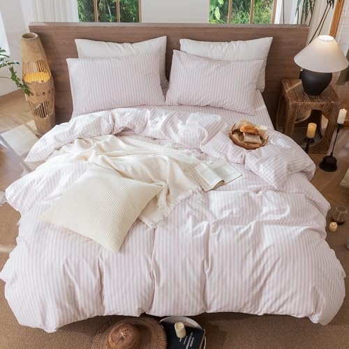 MooMee Striped Duvet Cover Set 100% Washed Cotton Linen Like King