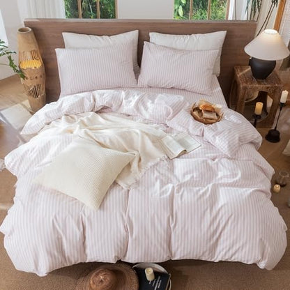 MooMee Striped Duvet Cover Set 100% Washed Cotton Linen Like King