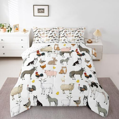 Feelyou Farm Animal Comforter Set Toddler Size Cute Animal Bedding Set for Kids Boys Girls Farm Theme Duvet Quilt Cartoon Bedroom Decor 2 Pcs with 1 Pillow Cases
