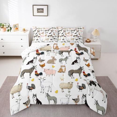 Feelyou Farm Animal Comforter Set Toddler Size Cute Animal Bedding Set for Kids Boys Girls Farm Theme Duvet Quilt Cartoon Bedroom Decor 2 Pcs with 1 Pillow Cases