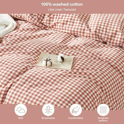 SAPHREAS Gingham Duvet Cover Set Full Size, 100% Washed Cotton Linen Like Plaid Comforter Cover with Zipper Closure & Corner Ties (No Comforter), 80x90 Brick Red