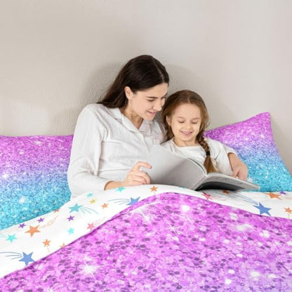 Colorful Glitter Bedding Full Girly Turquoise Teal Blue Pink Pastel Girls Comforter Set 3 Pcs Trendy Quilt Duvet for Kid Women Down Comforter with Sparkle Sequin Pattern Bling Bedroom Decor Bed Cover