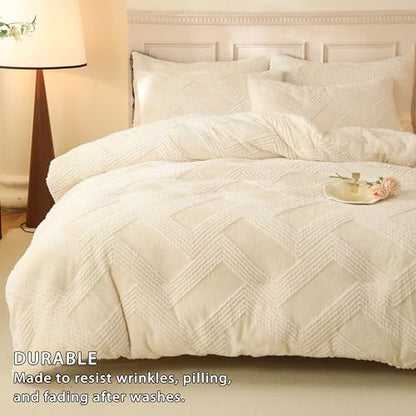 tohrisa Tufted Boho Comforter Set Queen - White Fluffy Sherpa Bedding Set, Soft Fuzzy Jacquard Quilt Set, 3 Pieces Cozy Bed Set Warm Comforter for Winter(90"X90")