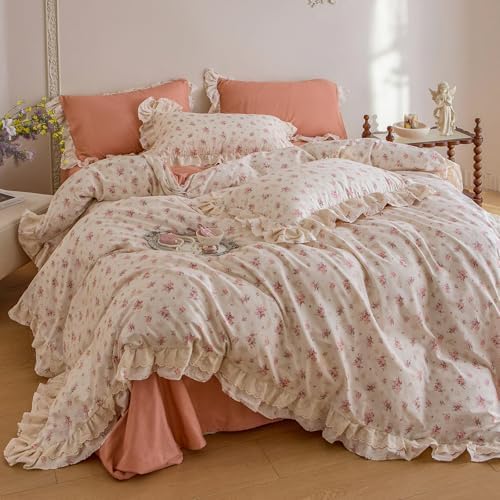 Vintage Floral Duvet Cover Set Queen, 100% Cotton Ruffle Lace Comforter Cover with 2 Pillowcases, Aesthetic Cottagecore Flower Duvet Cover with Zipper Closure, Romantic Girls Princess Bedding Set