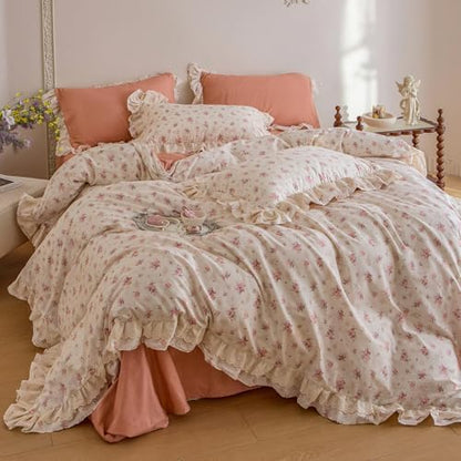 Vintage Floral Duvet Cover Set Queen, 100% Cotton Ruffle Lace Comforter Cover with 2 Pillowcases, Aesthetic Cottagecore Flower Duvet Cover with Zipper Closure, Romantic Girls Princess Bedding Set