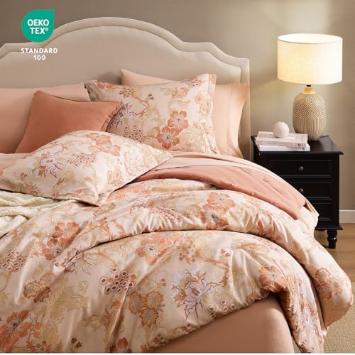 BLOOMHAVEN King Size Comforter Set-7 Pieces Terrecotta Floral Bed in a Bag