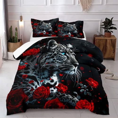 CCoutueChen Red Rose Leopard Comforter Set King Size Black Wildlife Comforters 3D Cheetah Bedding Set Safari Animal Bedding Sets 3 Piece Animals Bed Set Soft Microfiber Down Alternative Comforter Sets