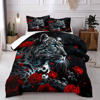 CCoutueChen Red Rose Leopard Comforter Set King Size Black Wildlife Comforters 3D Cheetah Bedding Set Safari Animal Bedding Sets 3 Piece Animals Bed Set Soft Microfiber Down Alternative Comforter Sets